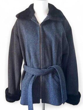 Vintage Jason Kole Grey Wool Coat with Black Fur Trim, Belt & Side pocket
